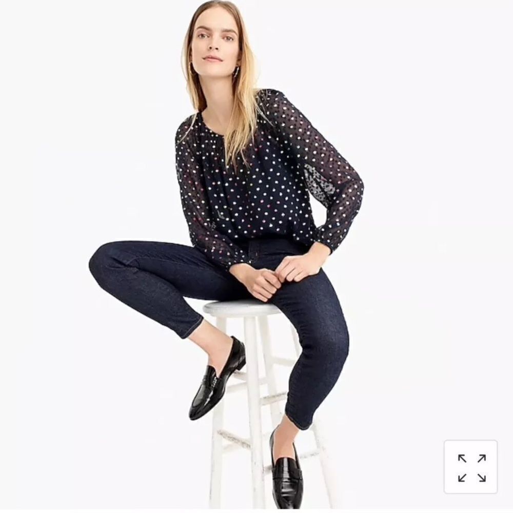 J. CREW- Popover in Rainbow Clip Dot Chiffon Semi Sheer Navy Multi, Size XL